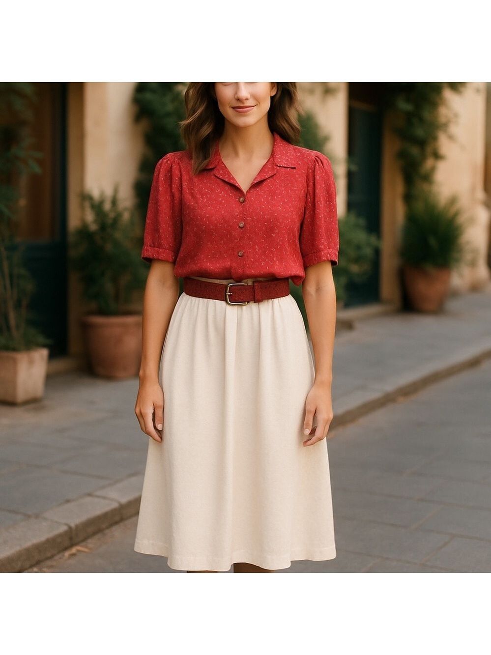 70s SUNSHINE VALLEY RED FLORALSHORT SLEEVE TOP W A TEXTURE A-LINE SKIRT SZ 14